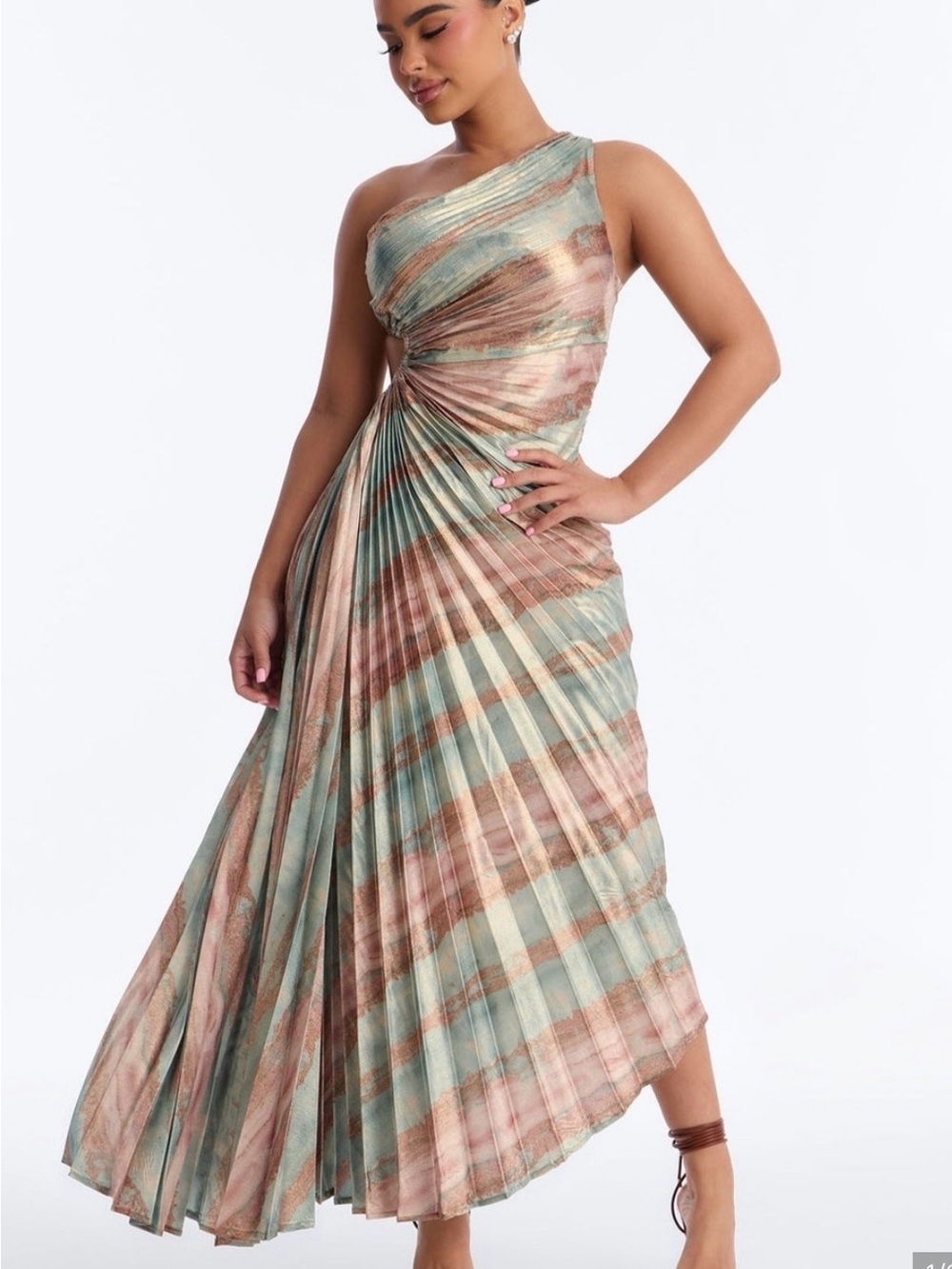 AKIRA One-Shoulder Pleated Midi Dress in Sage Green and Dusty Rose